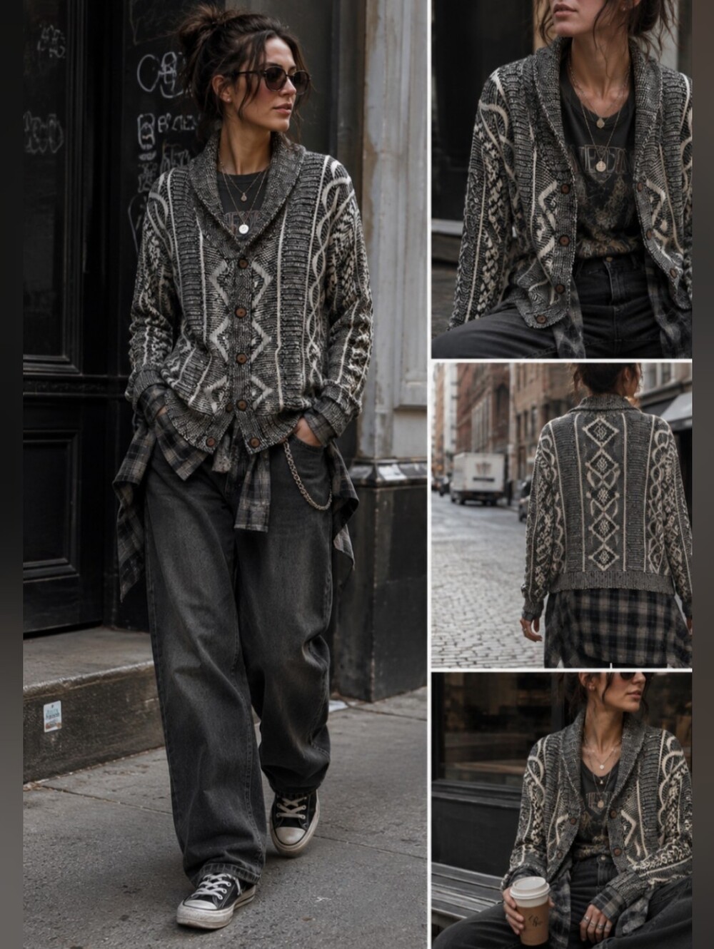 Vintage Black & Cream Textured Knit Cardigan – Approx. M